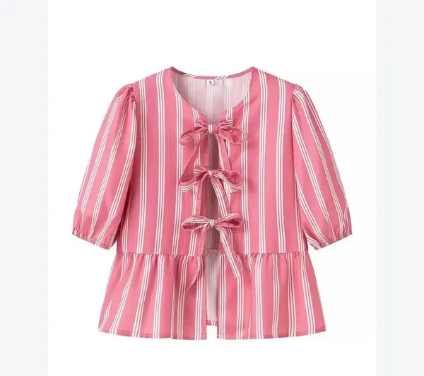 SundayUp Pink and White Striped Puff Sleeve Peplum Bow Ties Blouse - Image 3
