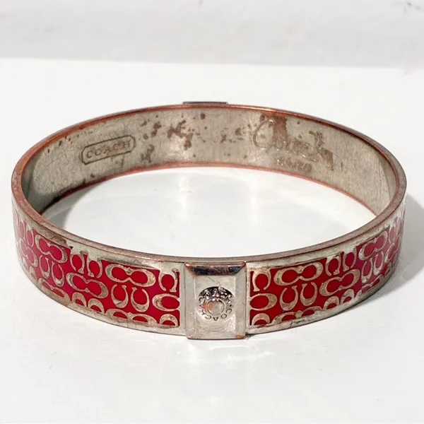 Signed COACH Silvertone Pink Enamel "C" Signature‎ Bangle Bracelet - Image 4