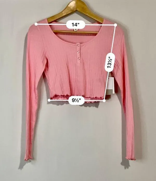 BP. Women’s Scoop Neck Waffle Knit Cropped Henley Long Sleeve Pink Candy NWT - Image 6