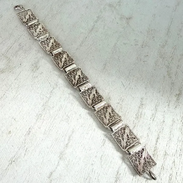 Vintage Silver Tone Filigree Panel Link Bracelet - Image 7