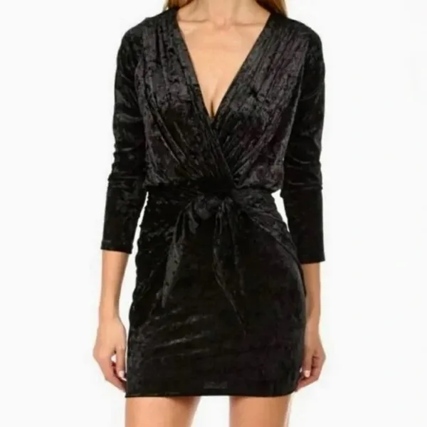 MISA Los Angeles Ophelie Black Crushed Velvet Tie Front Mini Dress Stretch Small - Image 4