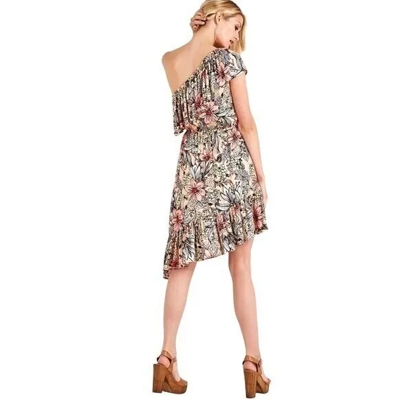 MINKPINK Womens Pink Floral One Shoulder Asymmetric Ruffle Mini Dress‎ Size S - Image 5