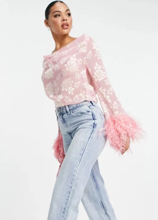ASOS NWT DESIGN sheer floral jacquard cowl neck top with faux feather trim sleeves in pink. Size 12 - Image 3