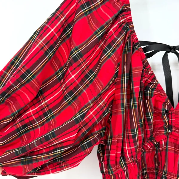 Old‎ Navy Tartan Plaid Mini Dress Womens Medium Red Smocked Puff Sleeve Holiday - Image 6