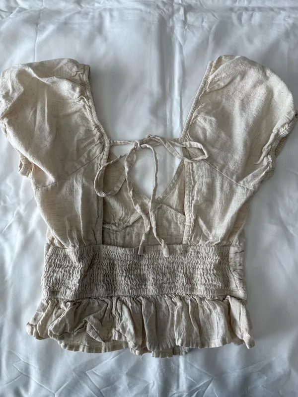 Cream Linen Blend Puff-Sleeve Cropped Peplum Top - Image 4