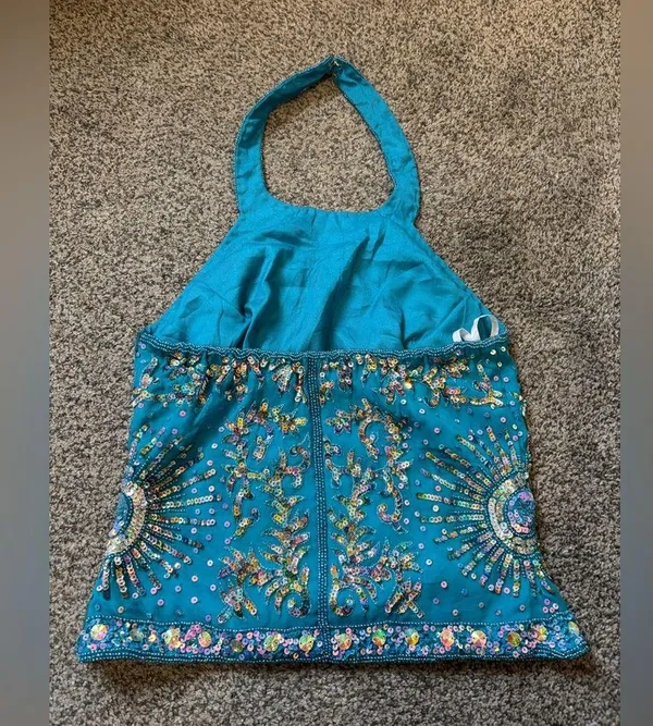 Beaded Silk Halter Top Blue - Image 3