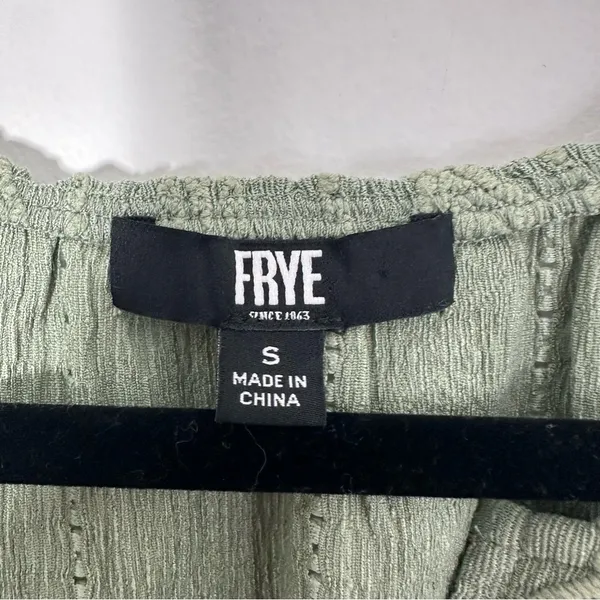Frye Embroidered Boho Blouse Smocked Cuff Split Neck Green Long Sleeve S NWT - Image 6