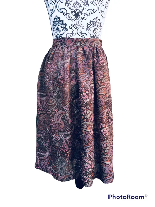 Vintage 70s 80s Dimension V Sheer Brown Pink Paisley Knee Length Skirt Midi S - Image 2