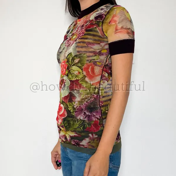 Vintage 2000's Jean Paul Gaultier Soleil Striped Floral Mesh Top Size medium - Image 9