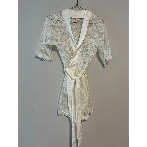 Ivory Lace Kimono Robe Lingerie Cover Up Bridal Romantic Feminine Fairy Antique - Image 4