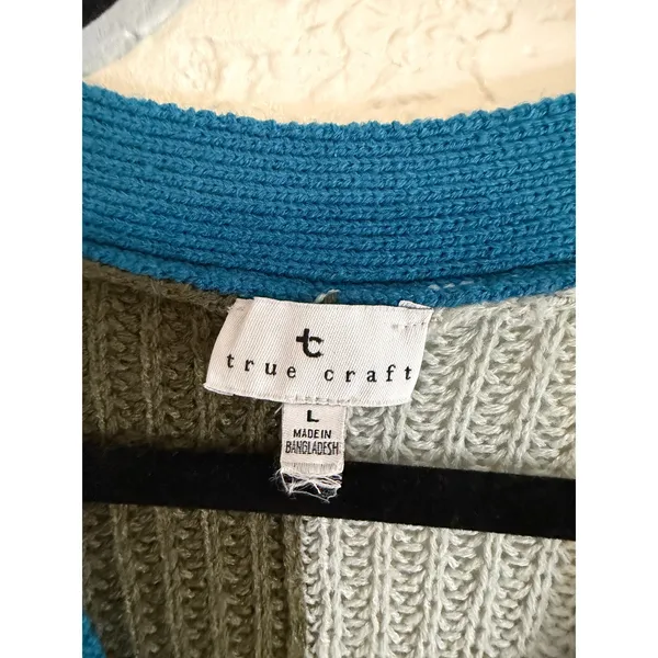 True Craft Cardigan Multicolor Green Blue L Women Colorblock Cropped Knit V-Neck - Image 4