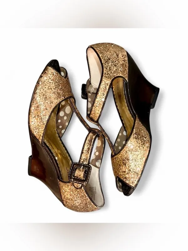 Kenzie ‘GINGER’ Gold Glitter Peep Toe Wedge Kitten Heel Mary Jane Sandals Sz 8 - Image 4