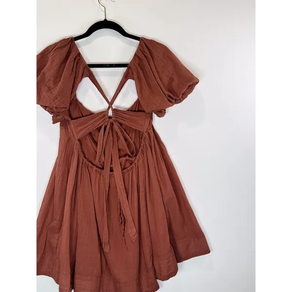 Free People Women Dress Brown Marina Mini Puffed Tie Back A Line Boho Chic Small - Image 7
