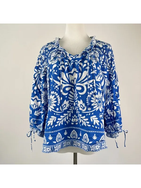 NWOT John Mark Linen Blend Floral Smocked Sleeves Top Blouse Shirt Blue Size M - Image 2
