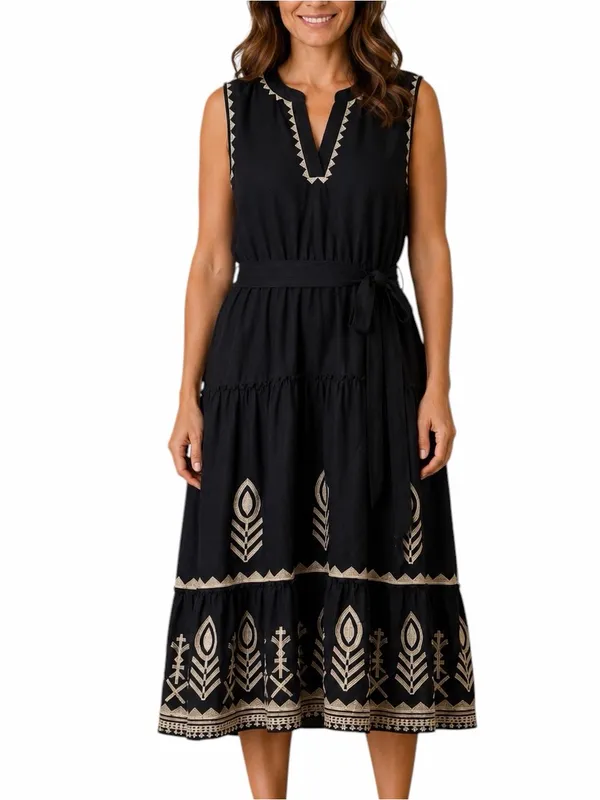 Soft Surroundings Embroidered Tiered Midi Dress Size 2X Linen Blend Belted Black - Image 14