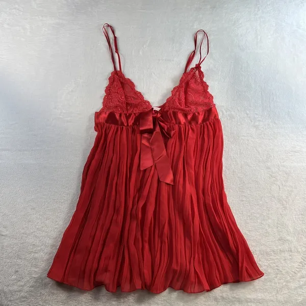 Victoria's Secret Babydoll L Large Cami Top Lace Pleated Lingerie‎ Satin Bow Red - Image 3