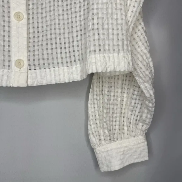 Maeve Anthropologie M White Gingham Seersucker Button-Front Long Puff Sleeve - Image 5