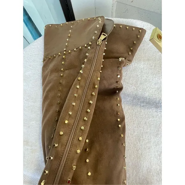 New Venus Faux Suede Studded Over the knee Taupe Boots - Image 8
