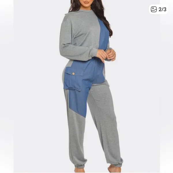 Stylish Gray and Blue Jogger Set Size L - Image 2