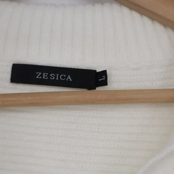 ZESICA Womens Off White Ribbed Knit Collared V-Neck Pullover Sweater Size L - Image 3