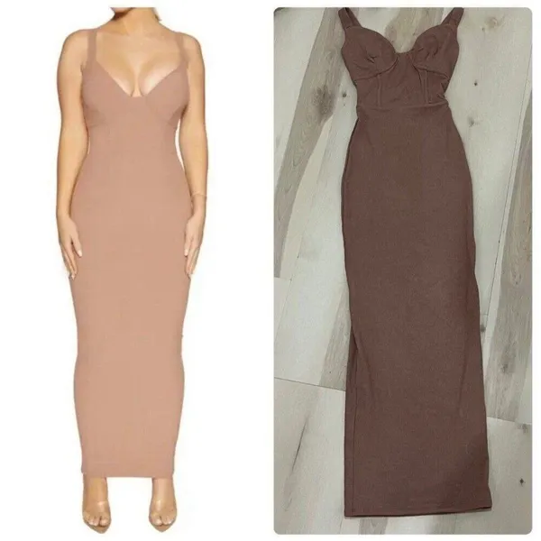 Naked Wardrobe NEW Women XS Brown Faux Bustier Ribbed Hourglass Bodycon Dress - Image 2