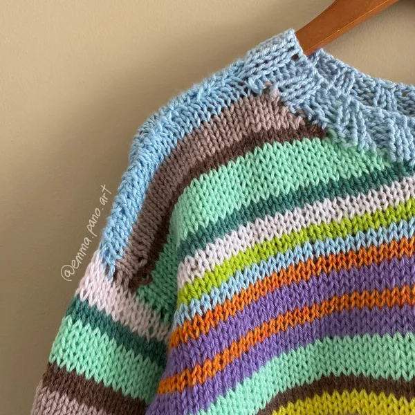 hand knit striped funky fun multi colored oversized sweater Blue Size M - Image 5