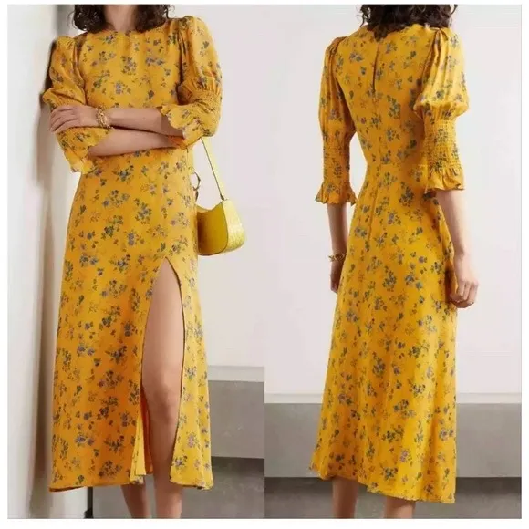 Reformation Winslow Floral Midi Dress Yellow Blue Slit Size 0 - Image 11