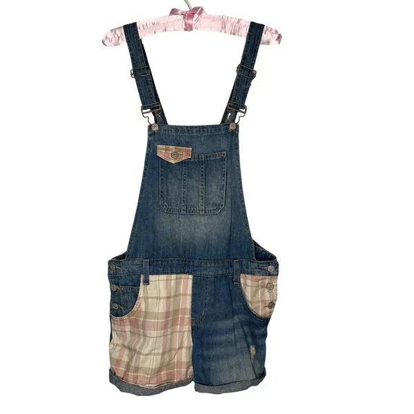 Lei Juniors L Blue Denim Overalls Plaid‎ Patchwork Shorts 100% Cotton Shortall - Image 3