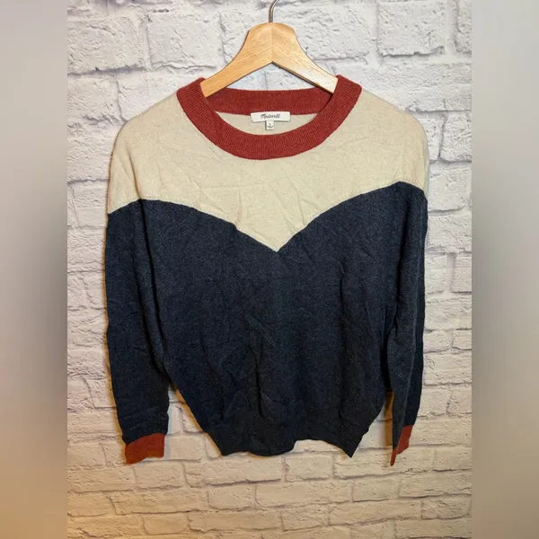 Madewell Colorblock Yoke Pullover‎ Sweater Womens size small cream navy - Image 2