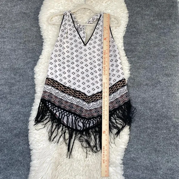 White House Black Market Geometric Halter Top Fringe Tassel White Black Brown - Image 8