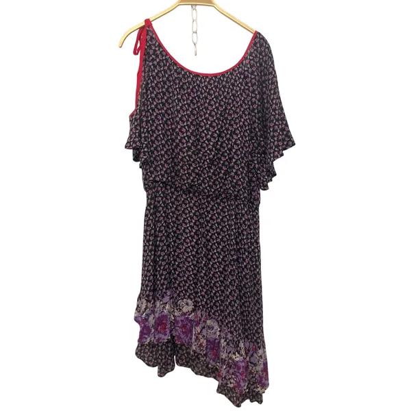 Free People Purple Pink Floral Asymmetrical Cold Shoulder Tie Mini Dress Large - Image 2