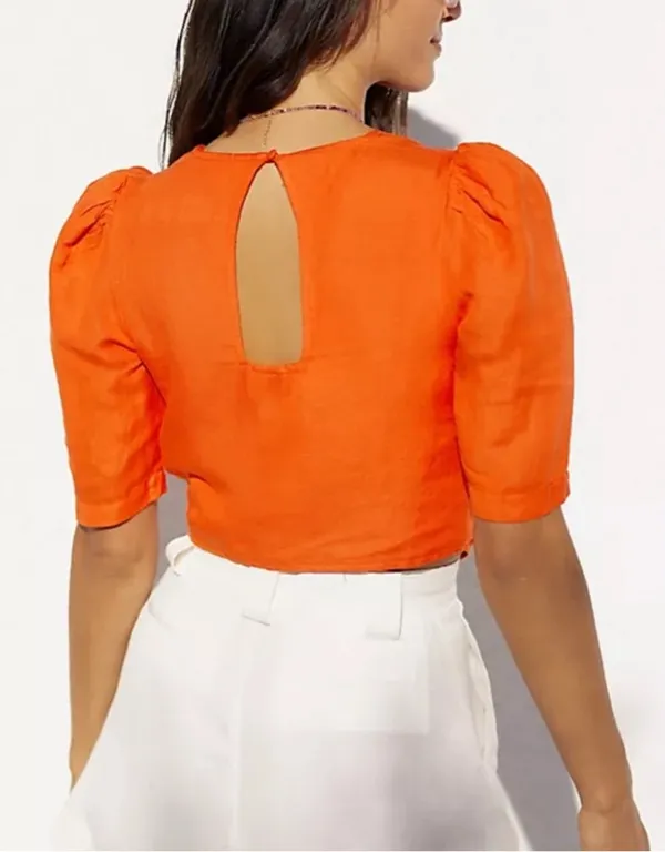 Maeve Anthropologie Red Orange Linen Crop Blouse Size 6 - Image 3