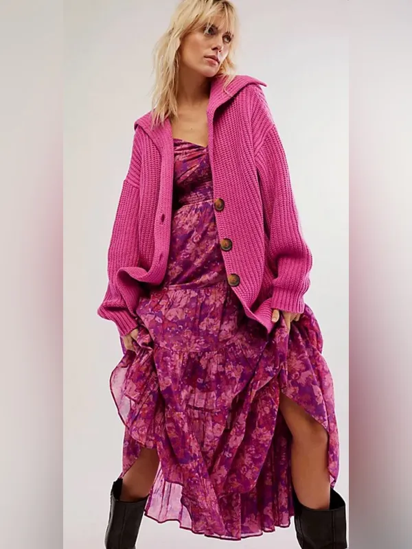 Free People Swim Too Deep Vibrant Fuchsia Ribbed Button Cardigan Size XS - Image 3
