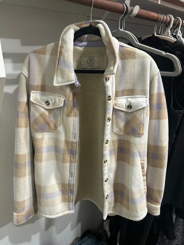 Sage Collective Cream, Beige & Light Lavender Plaid Shacket - Image 2