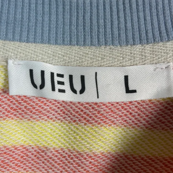 UEU Yellow Orange Striped Sweatshirt Blue Trim Crew Neck Pullover Large - Image 6