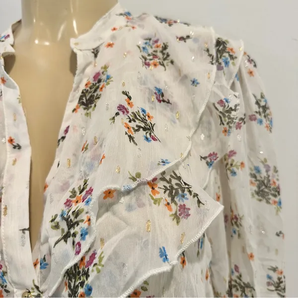 Zara Floral Chiffon Blouse Sz L Sheer Long Sleeves Top Ruffle - Image 6