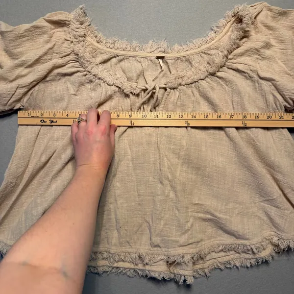 Free People Boho Frayed Gauze Peasant Blouse Top Beige Women Size Medium - Image 5