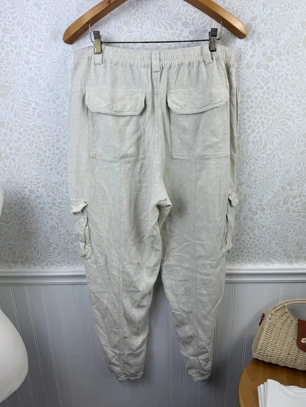 By Anthropologie Cream Linen Blend Beach Cargo Pants - Size - Medium - Image 7