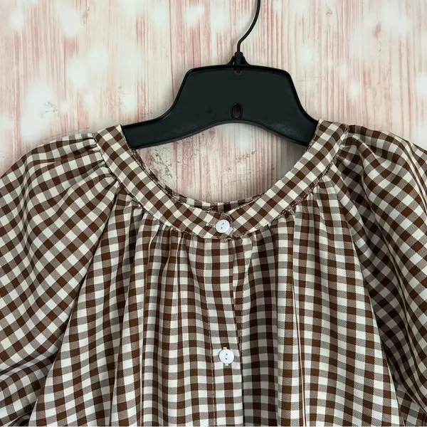 Unbranded Brown Gingham White Plaid Puff Sleeve Hi Lo Hem Button Front Top Sz S - Image 2