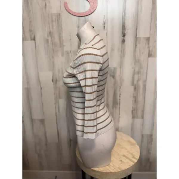 White & Brown Striped Henley Ribbed Knit Top – Small - Image 3