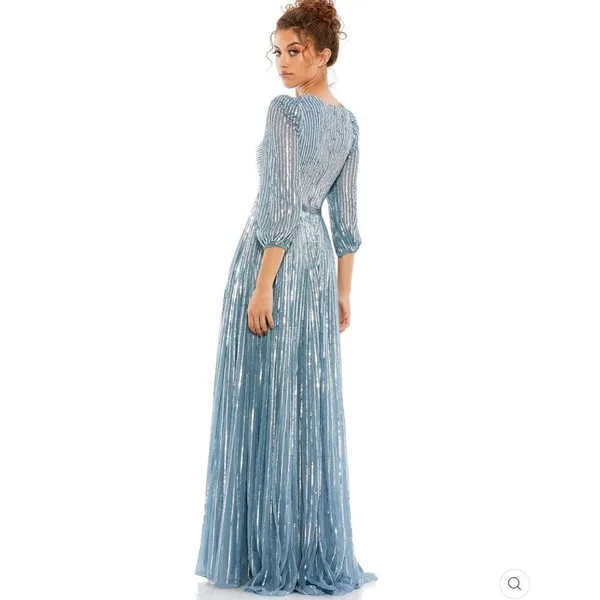 Mac Duggal Size 4 Blue Sequin Wrap Over 3/4 Sleeve Maxi Dress Gown - Image 3