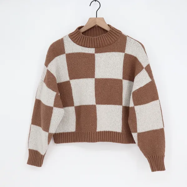 Blu Pepper Brown White Checkerboard Mock Neck Cropped Sweater Womens S - Image 2