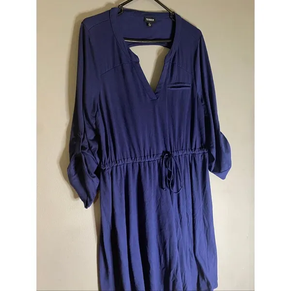 Torrid Blue Knit Dress Elastic Waist Keyhole Back Roll Tab Sleeve 1X - Image 2