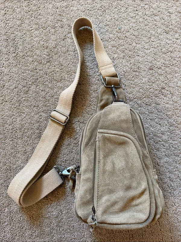 Free People Beige Pebble Hudson Suede Leather Sling Crossbody Bag Minimal - Image 3