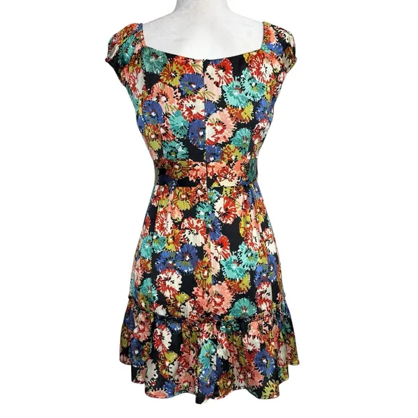 Nanette Lepore 100% Silk Mini Babydoll‎ Dress 10 Dark Floral Tiered Whimsy Fairy - Image 7