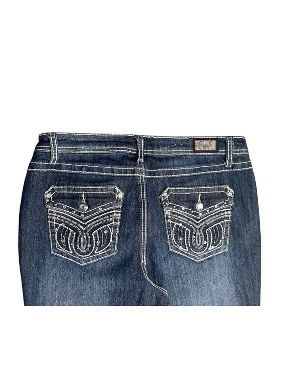 Earl Jean Size 10 Dark Wash Bootcut Jeans Embellished Flap Pocket Stretch - Image 6