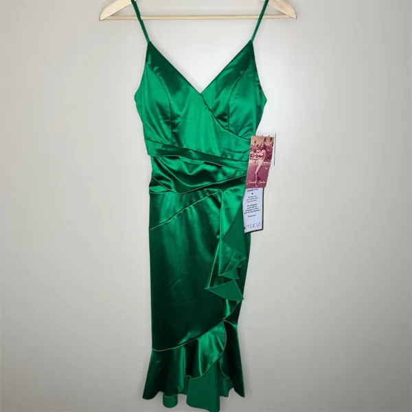 Emerald Sundae Cocktail Dress XS Green Satin Ruffle Flounce Holiday Party V-Neck - Image 2