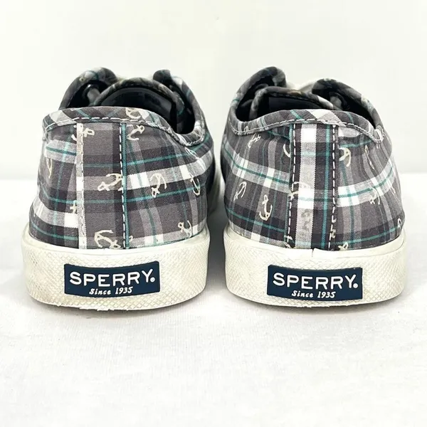 Sperry Pier View Anchor Plaid Gray Blue White Canvas Laced Slip On Sneakers 7.5 - Image 10