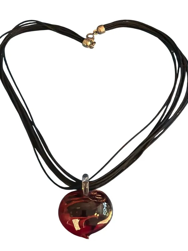 Heart Dichroic Glass Pendant Necklace Black Multi Cord Red Silver Puffy 17" - Image 4