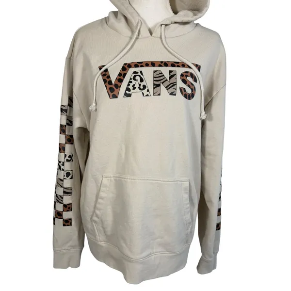 Vans Hoodie Womens Medium Cream Animal Print Checkerboard Fleece Pullover Casual - Image 10